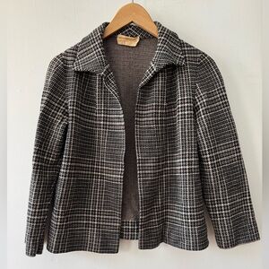 Saks Fifth Avenue Vintage Black Tan Checkered Houndstooth Blazer Sweater Jacket